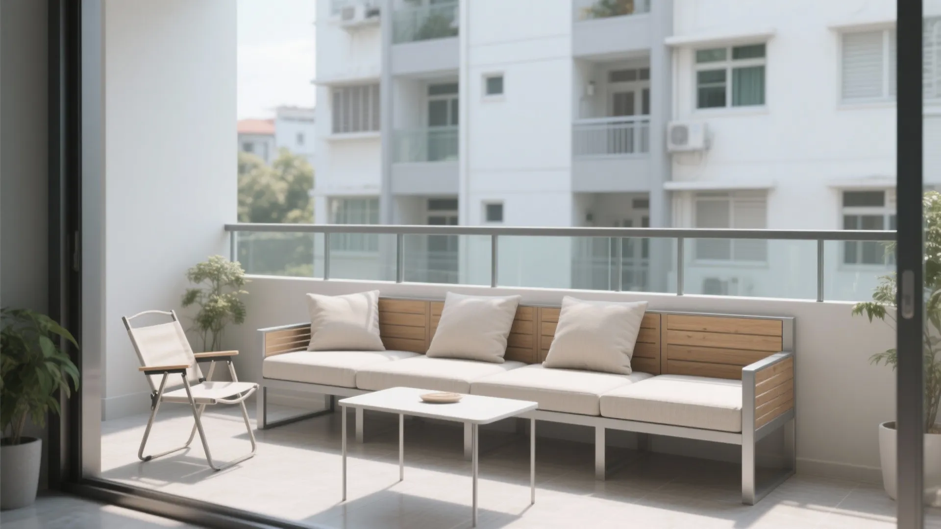 Modern balcony with a long grey sofa white table folding chair and green potted plants