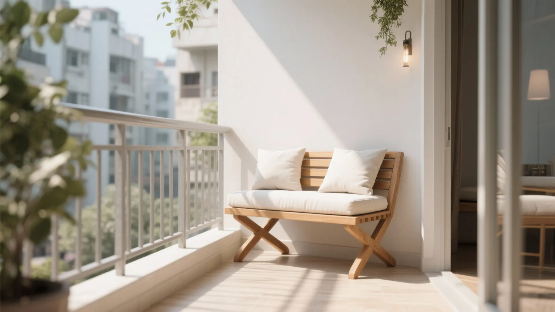 Sunny balcony with wooden bench white cushions small wall light metal railing and city background