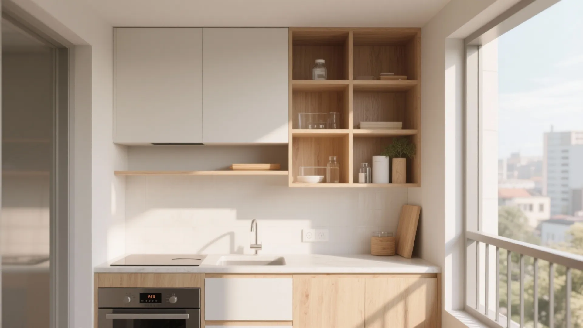 Small balcony kitchen featuring light wood cabinets open shelving sink oven and a city view
