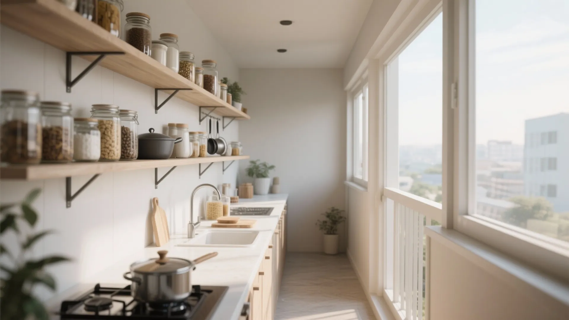 Minimalist storage along the balcony wall