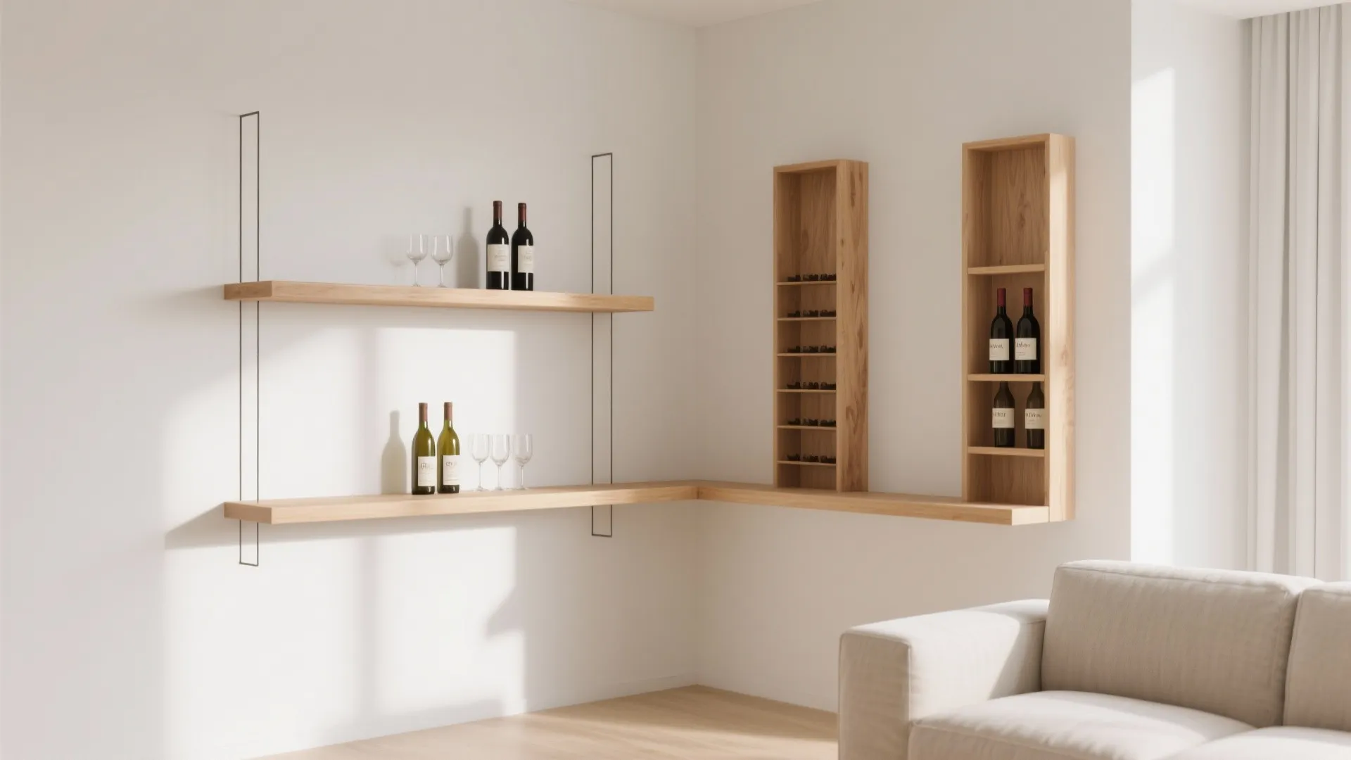 Minimalist floating bar shelves in bright living room corner