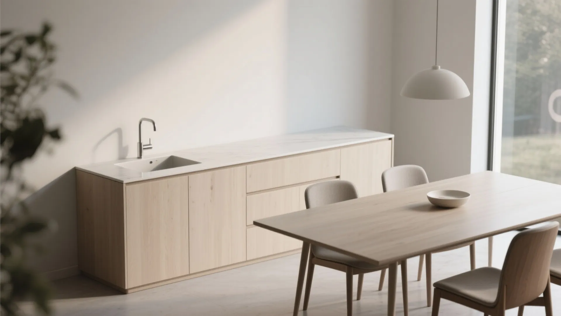 Minimalist light wood kitchen cabinet with white counter and sink next to a dining table