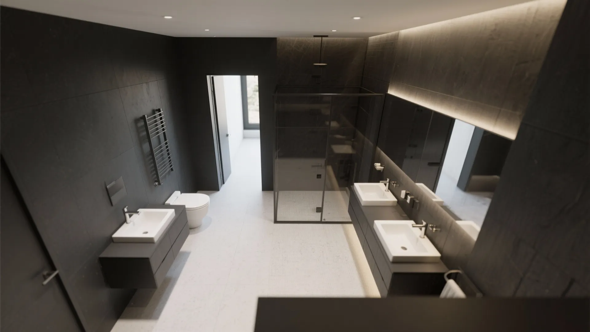 Modern dark bathroom interior design drawing with double sinks glass shower and large wall mirror