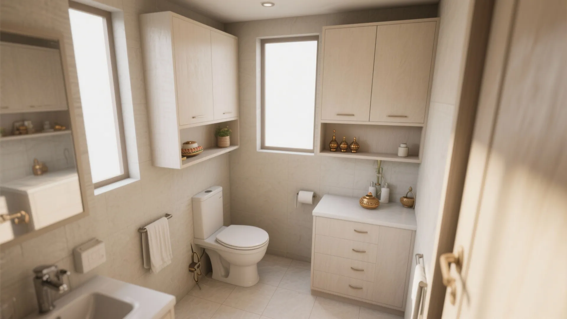 Minimalist small bathroom featuring white toilet wall cabinets wood storage unit and neutral tiled walls