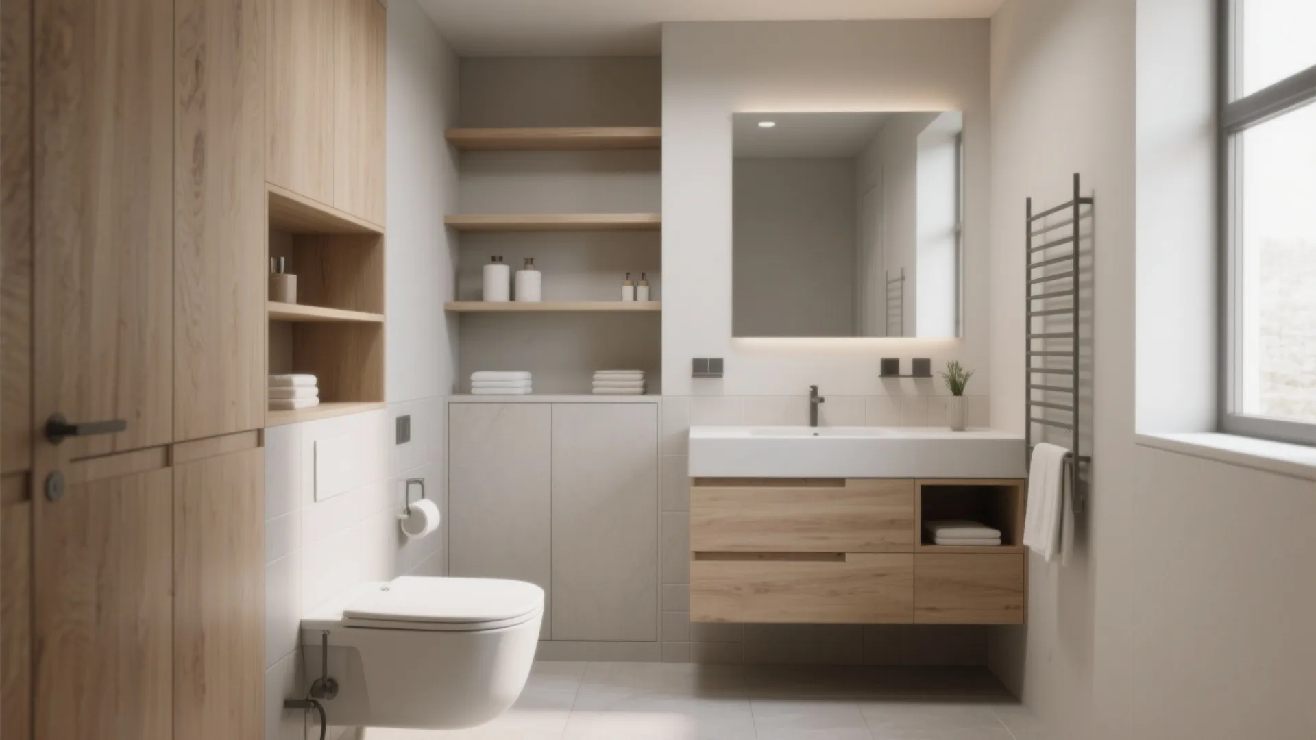 Modern bathroom with wooden cabinet and open shelves next to a toilet and square mirror