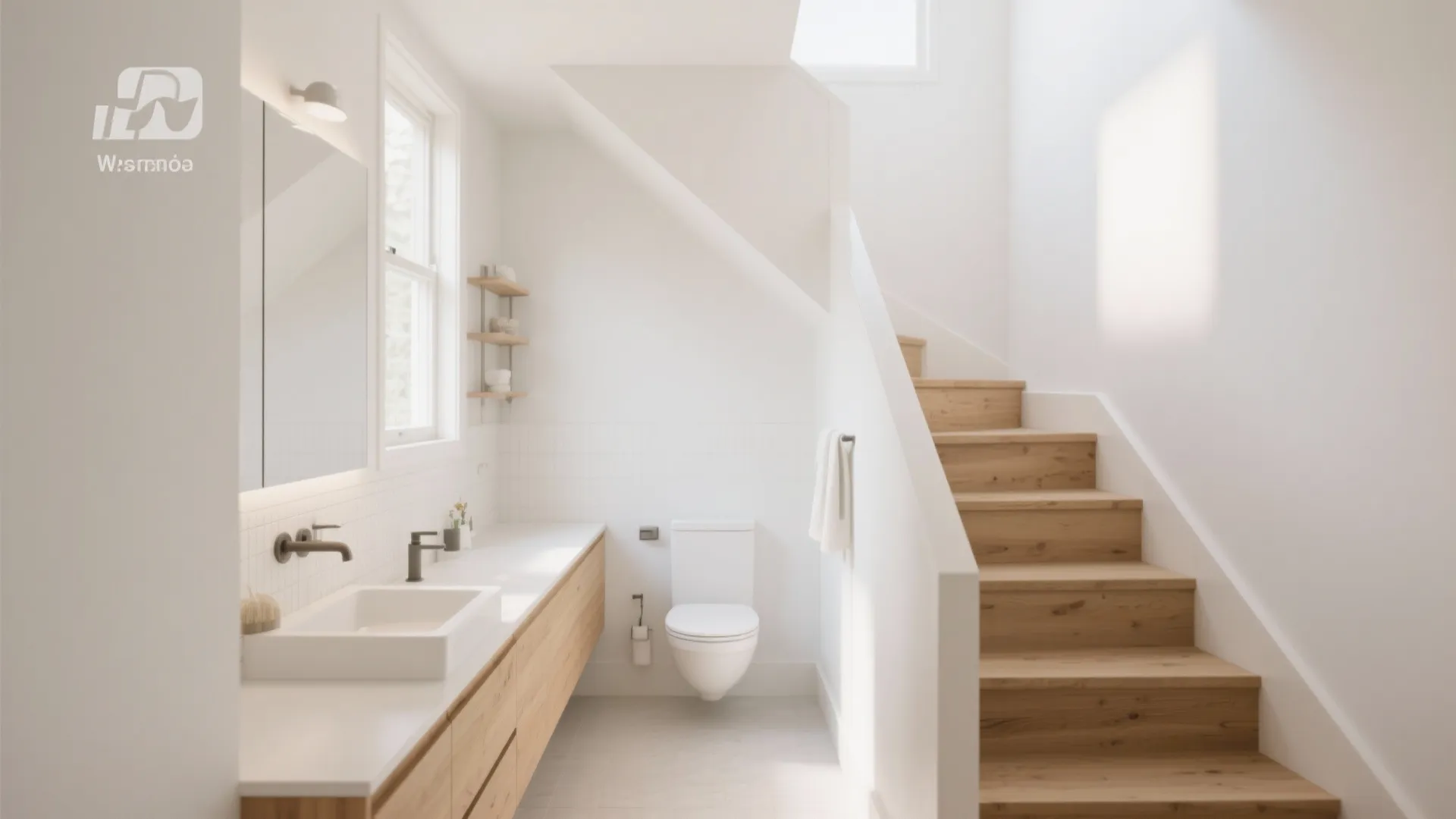 Bright minimalist bathroom featuring white walls wood stairs long wooden cabinet and white square sink