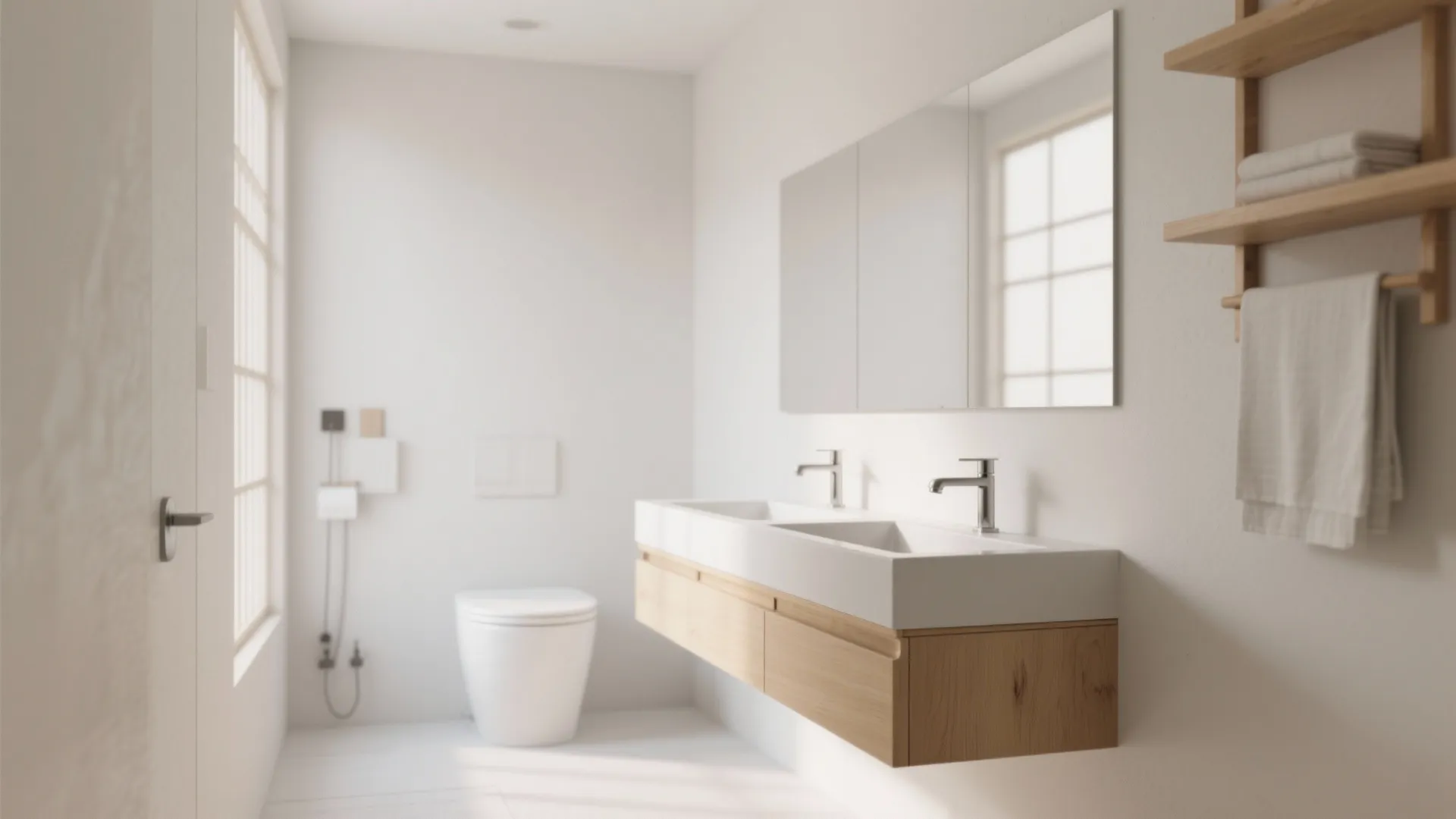 Modern white bathroom with double sink cabinet large wall mirror toilet and wooden wall shelves