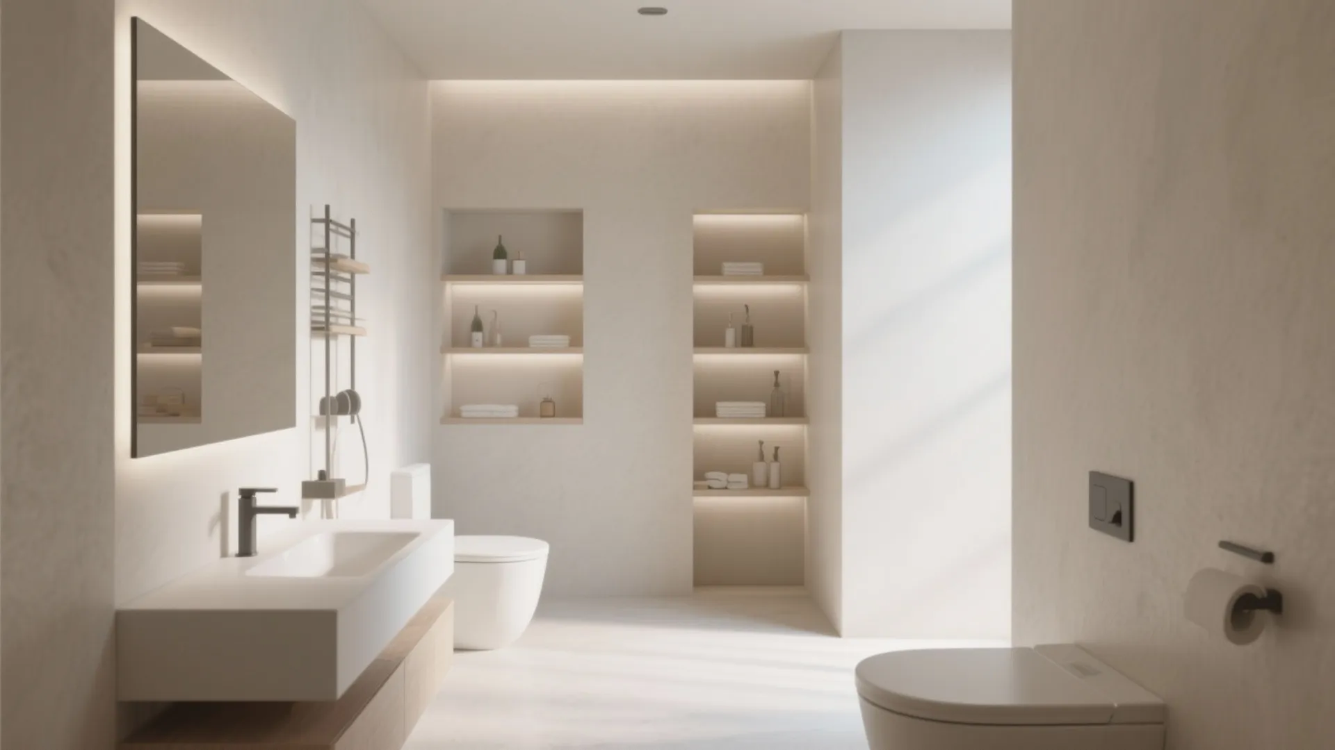 Modern white bathroom featuring minimalist wall shelves with warm lighting and a clean white sink