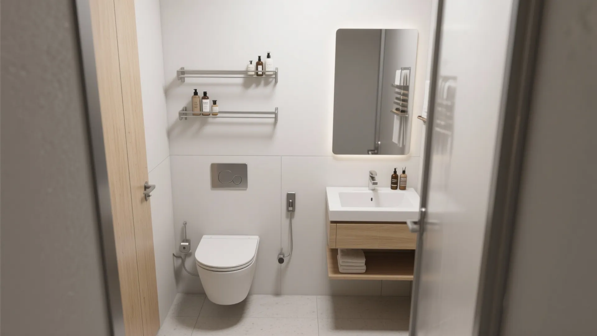 Minimalist white bathroom with floating metal shelves toilet wooden sink cabinet mirror and wall light