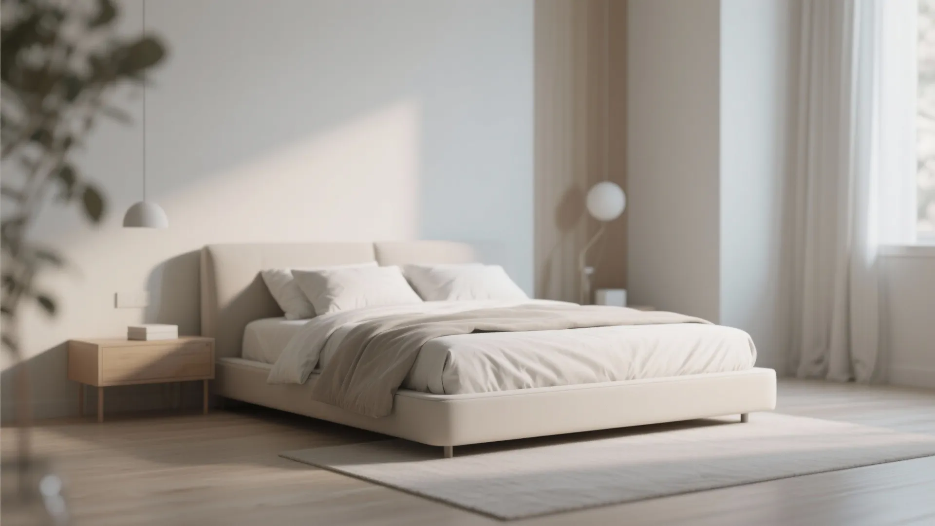 Simple beige bed frame on wooden floor with small nightstand and soft hanging white light fixture