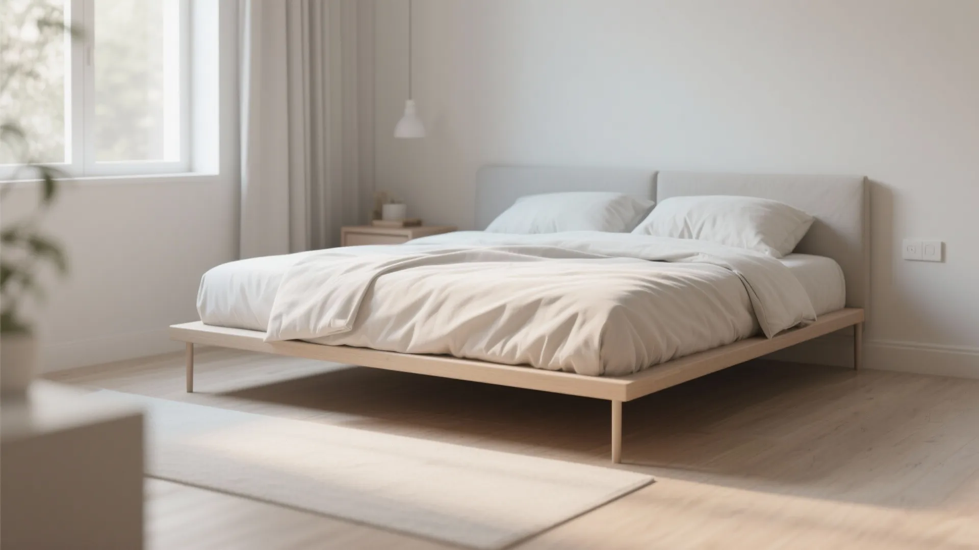 Low-profile bed with exposed legs in a small bedroom