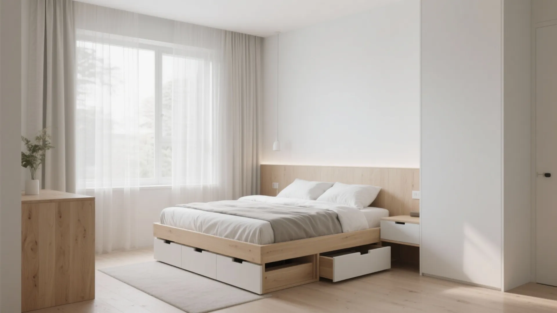 Modern wooden bed with built-in storage drawers in a bright bedroom with white window curtains