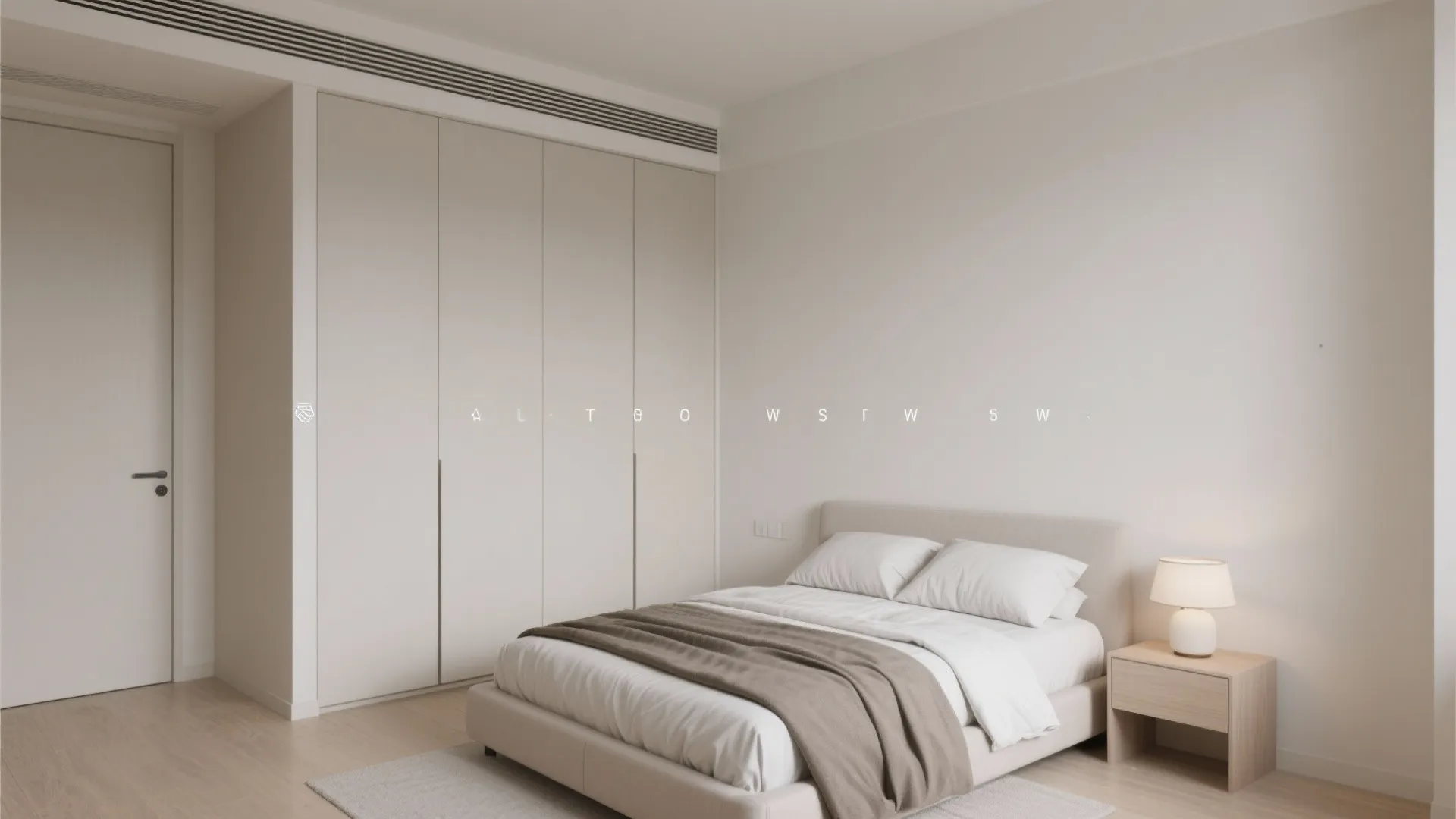 Minimalist beige bedroom featuring a large built in cabinet wood floor bed and small table lamp