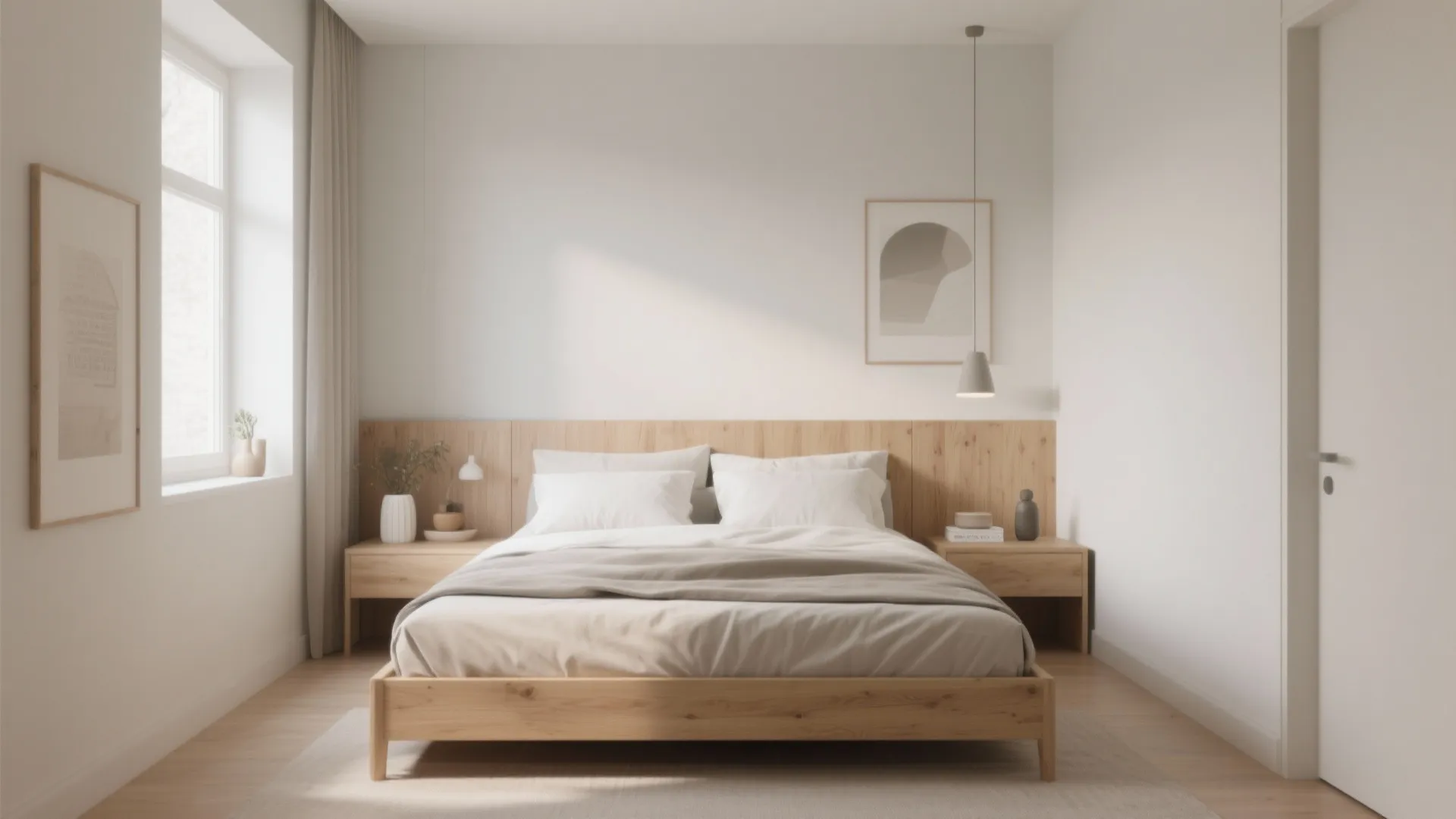Minimalist bedroom featuring wooden bed frame with beige bedding and matching bedside tables and wall panel
