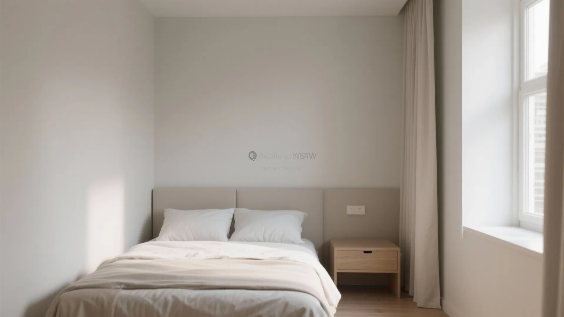 Minimalist bedroom with white walls wooden bedside table beige bed sheets long curtains and natural light