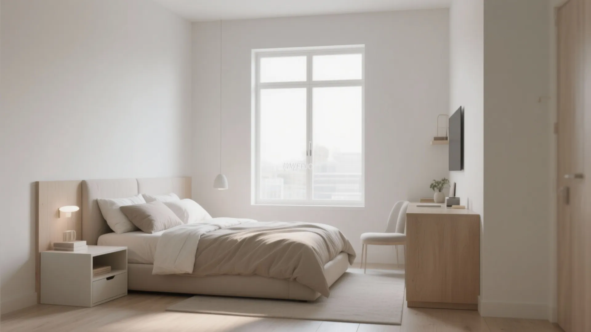 Minimalist white bedroom with large window and beige bed plus wooden desk and small chair