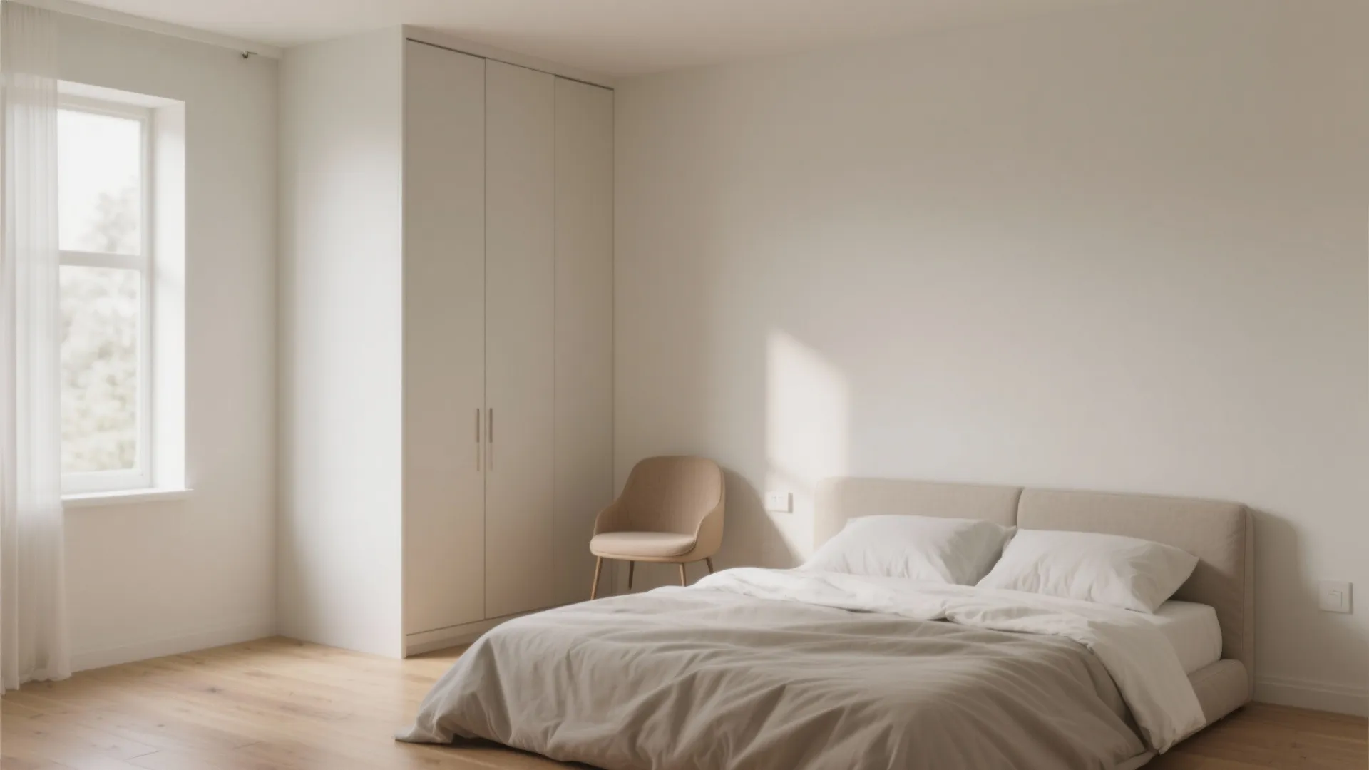 Minimalist white bedroom interior design with large cabinet tan chair bed and natural window light