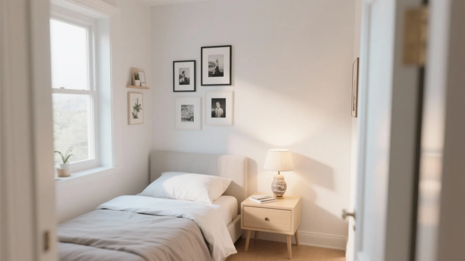 Minimalist small bedroom with white bed and wooden nightstand beside a window with wall art