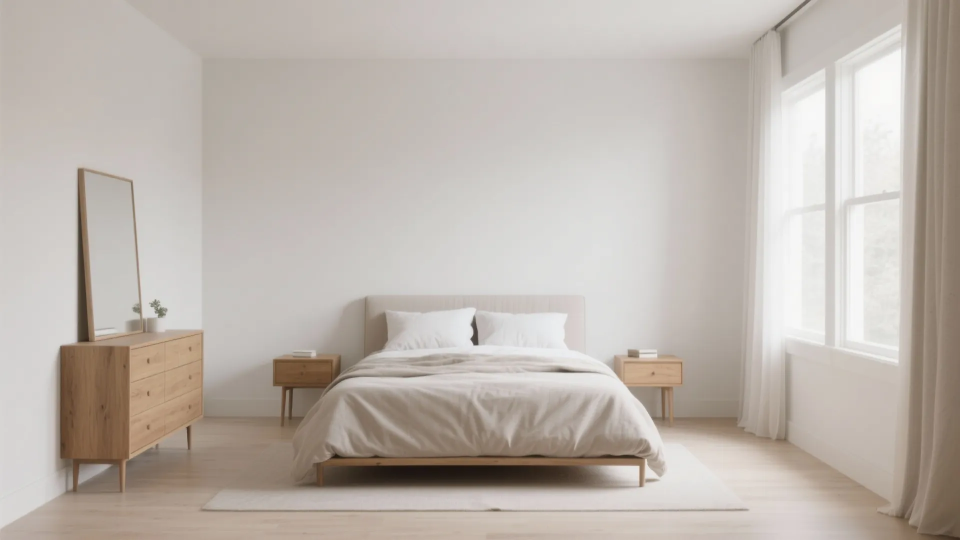 Minimalist white bedroom with wooden bed frame plus matching wood cabinet and mirror near windows