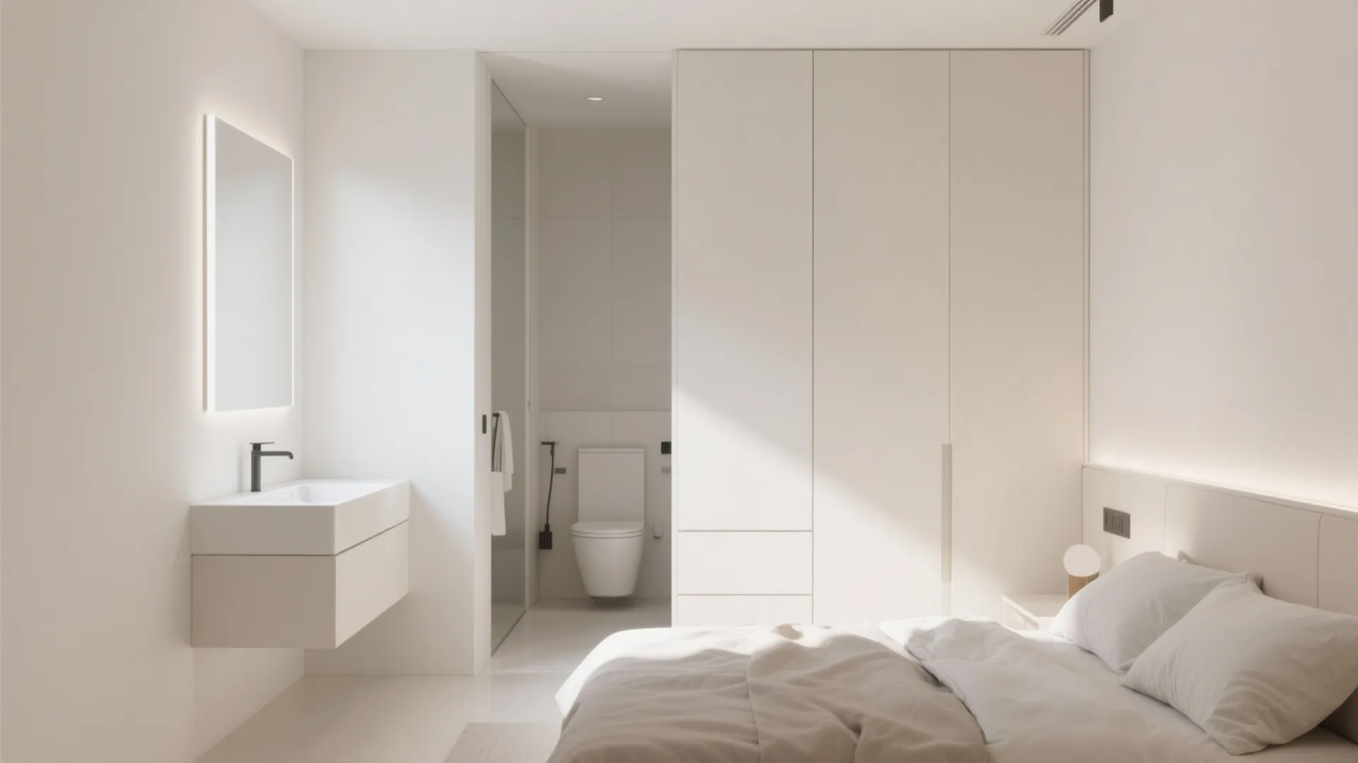 Modern white bedroom featuring soft bed large white closet and small bathroom with toilet sink