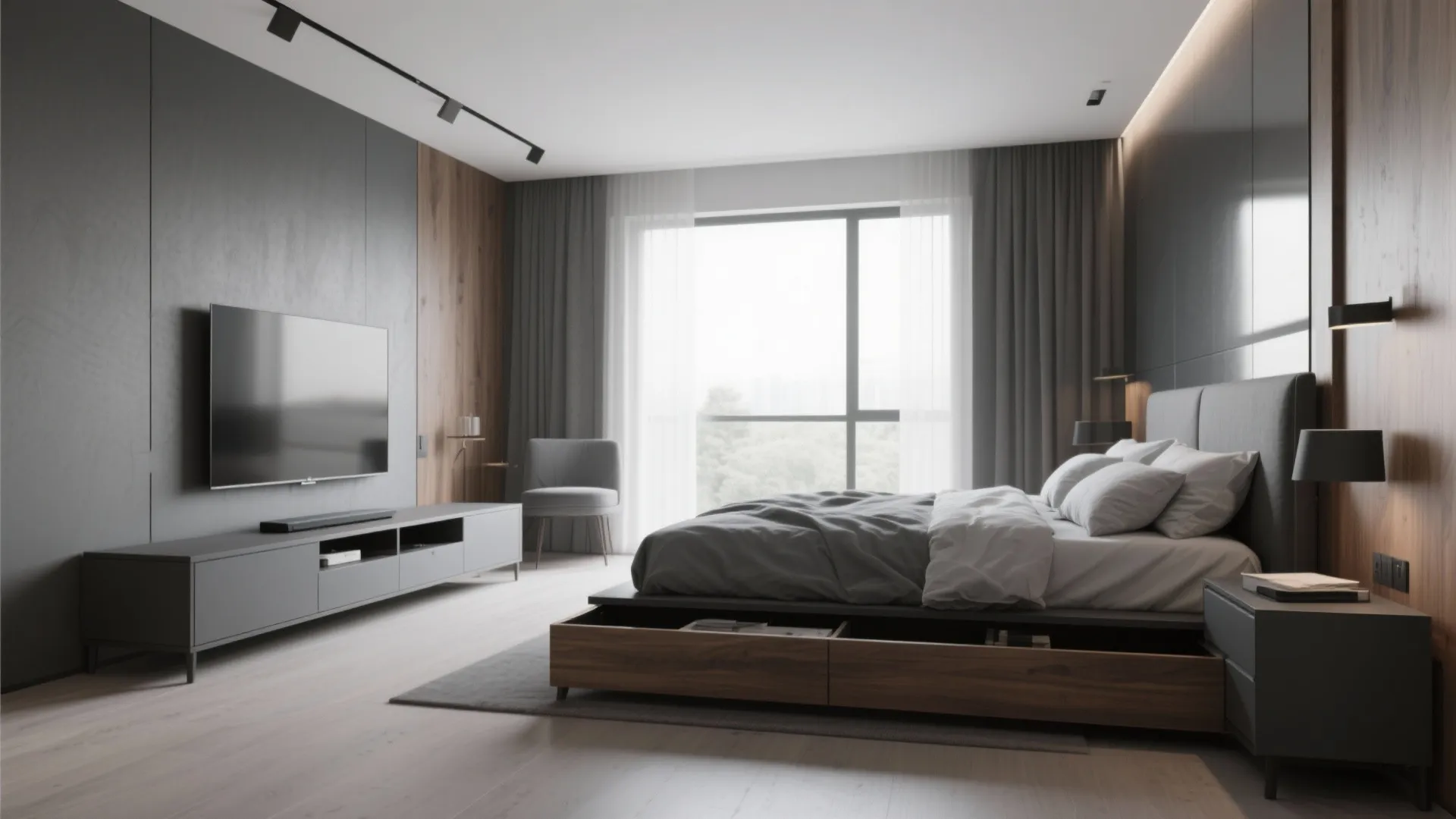 Minimalist grey bedroom featuring a large bed with storage drawers and television on the wall