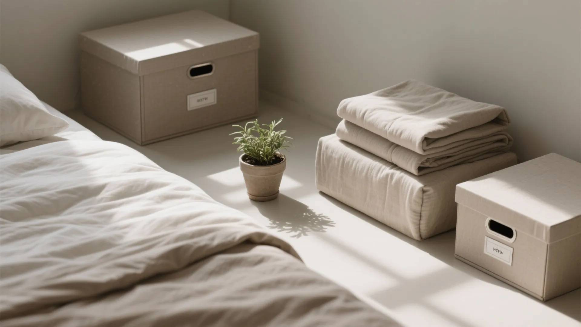 Minimalist bedroom flatlay with beige storage boxes small green plant folded blankets and white bedding