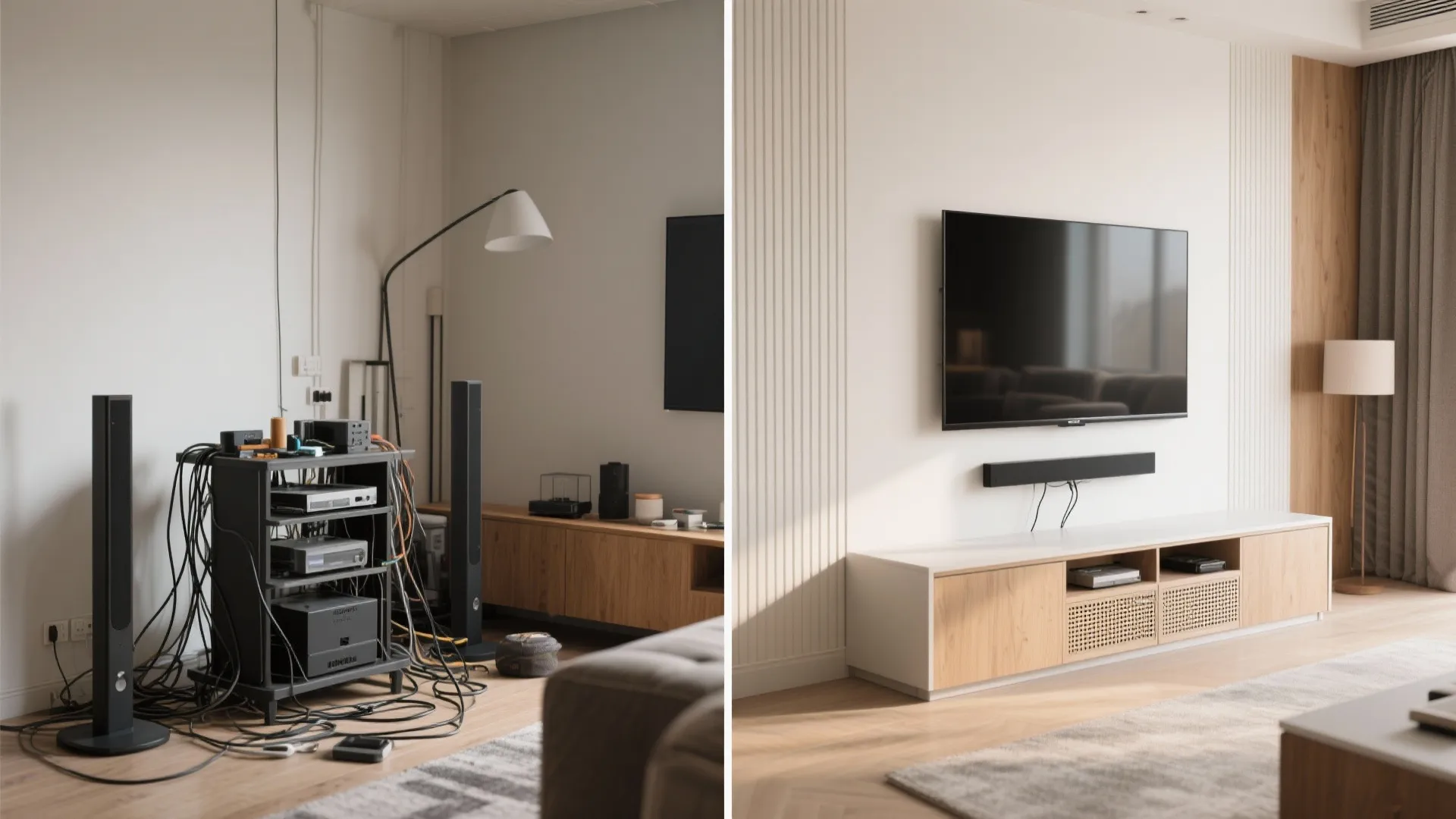 1) Minimalist media wall with hidden storage