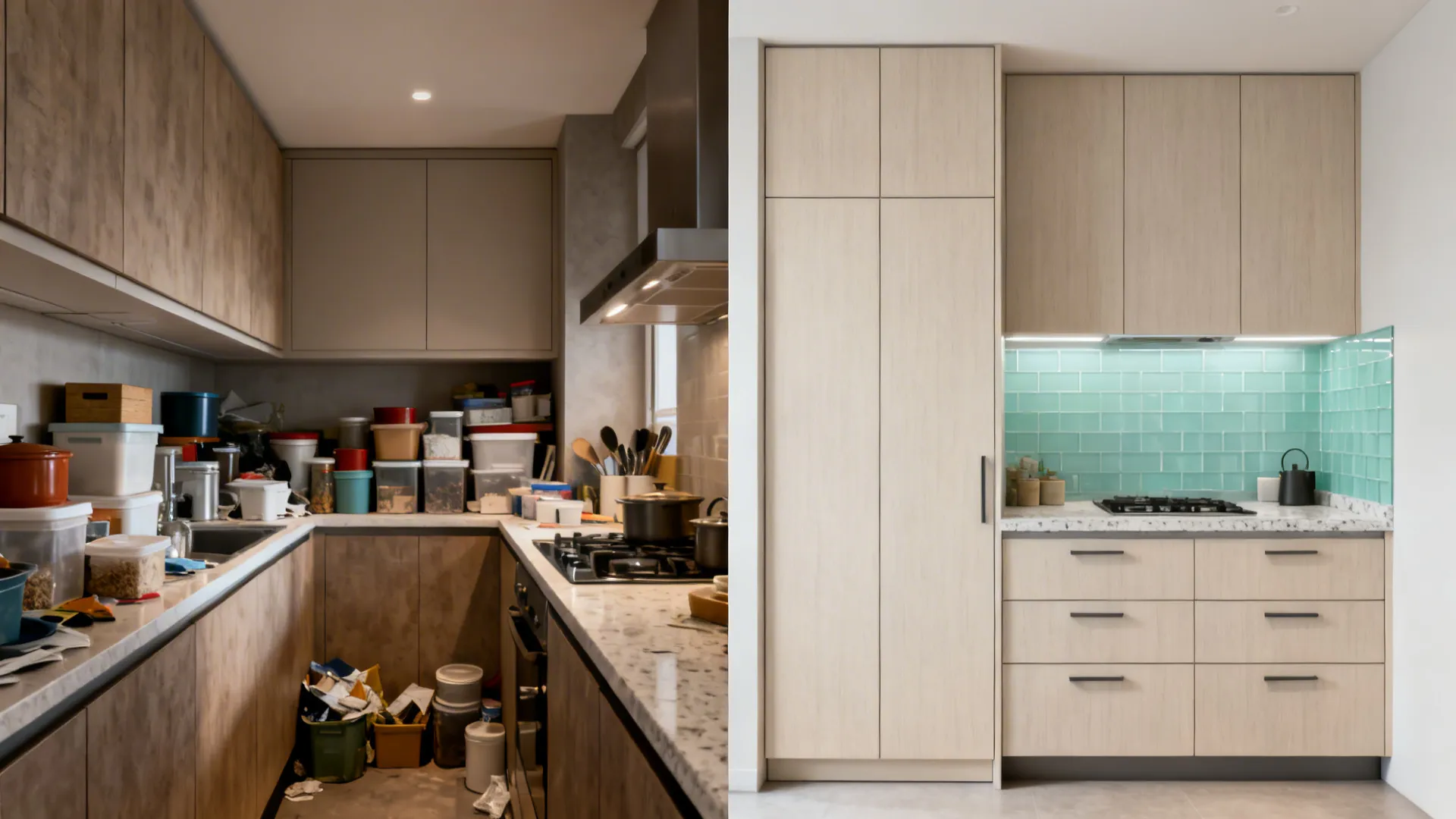 Before-and-after of a small kitchen transformed into a minimalist modular layout.