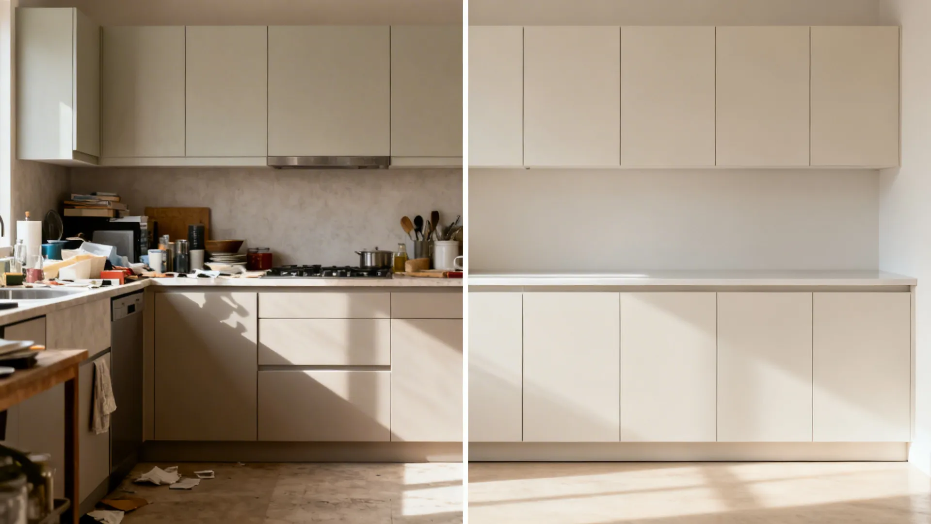 Before-and-after of a small kitchen from cluttered to minimalist clean lines.