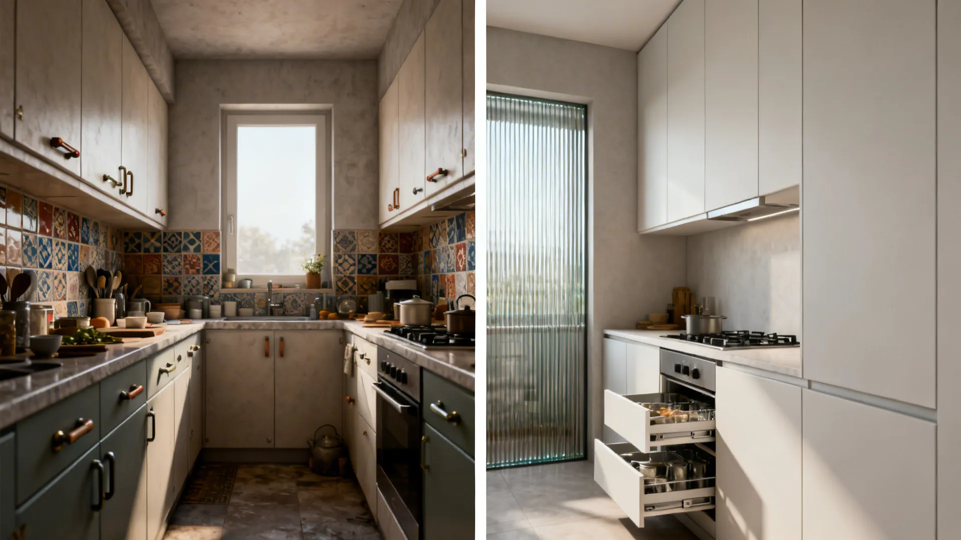 Before and after of a small kitchen turning minimalist with ceiling-high cabinets and cleaner lines.