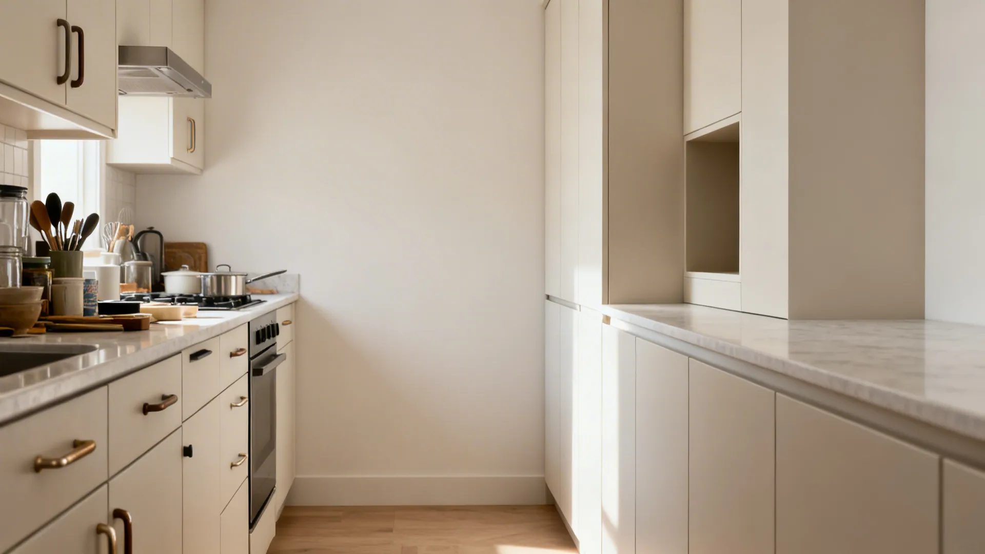 Before-and-after micro galley showing cluttered cabinets transformed into minimalist lines.