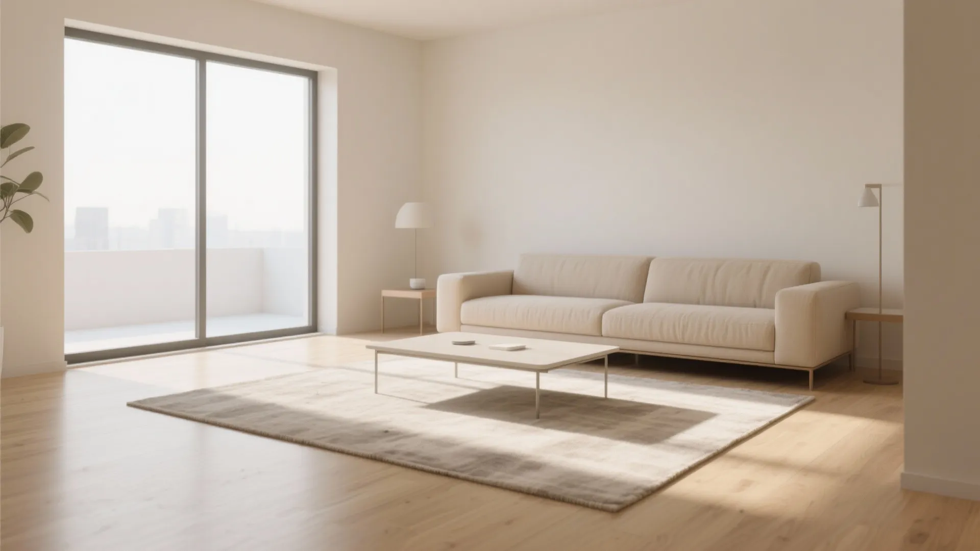 Minimalist living room with beige sofa coffee table grey rug large windows and wood flooring