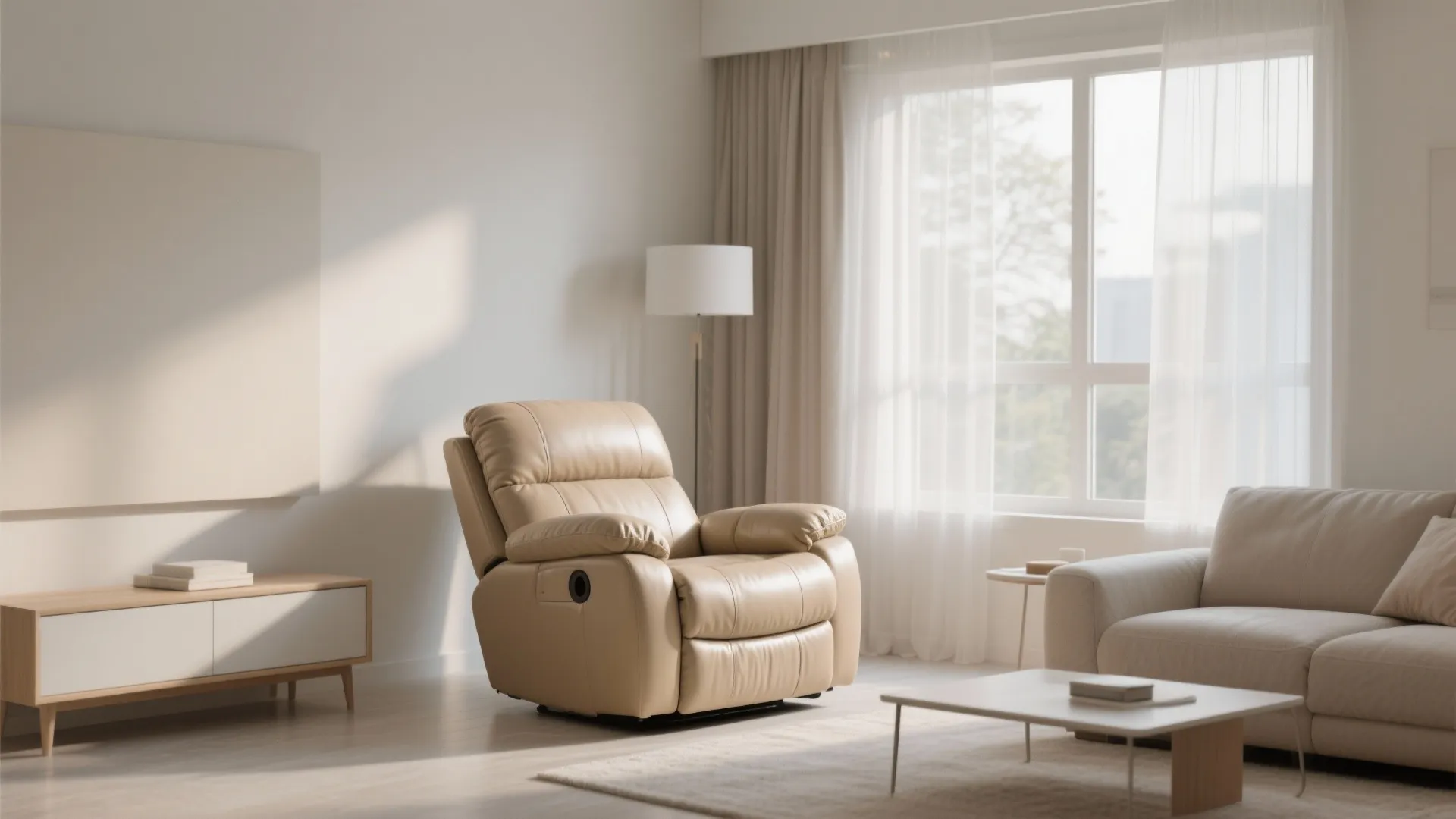 Modern bright living room featuring a beige leather chair cabinet floor lamp and large window