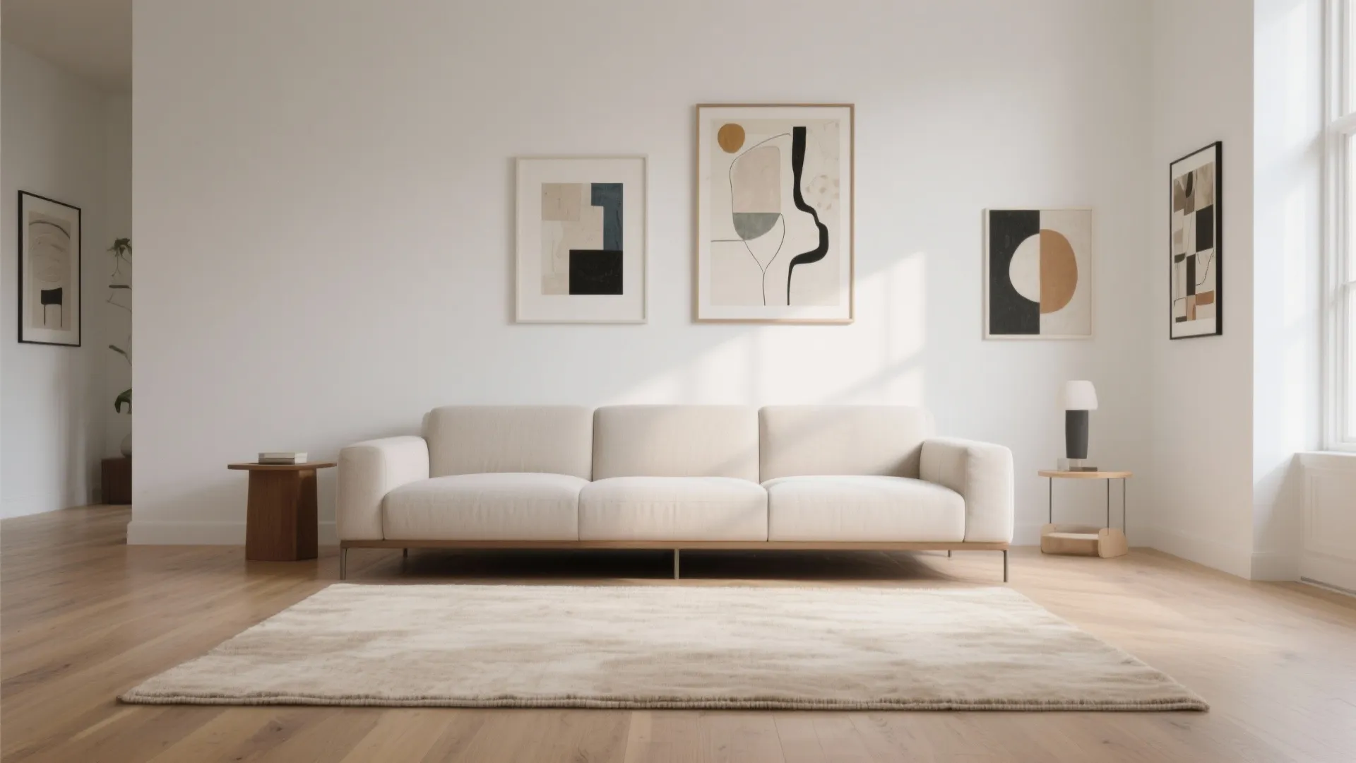 Minimalist living room with beige sofa cream rug light wood floor and abstract art on wall