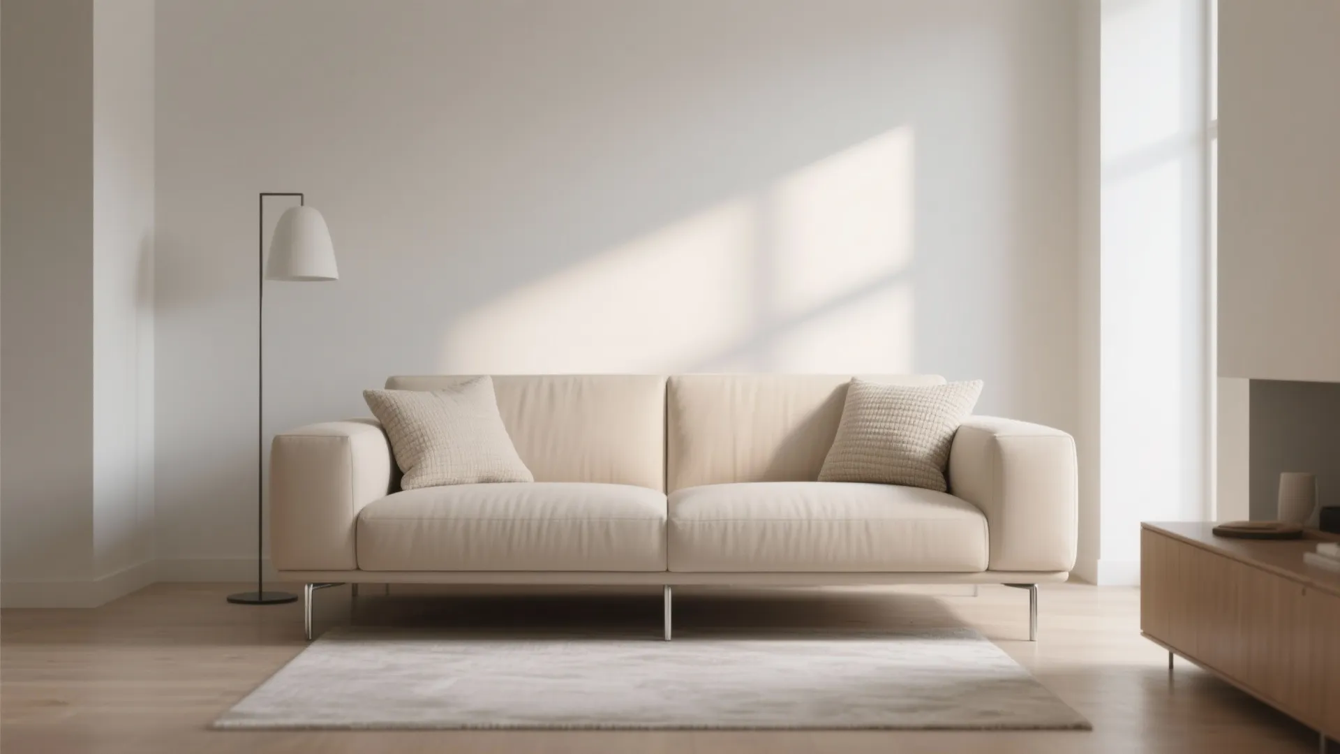 Minimalist living room with beige sofa two pillows floor lamp rug and wooden TV stand