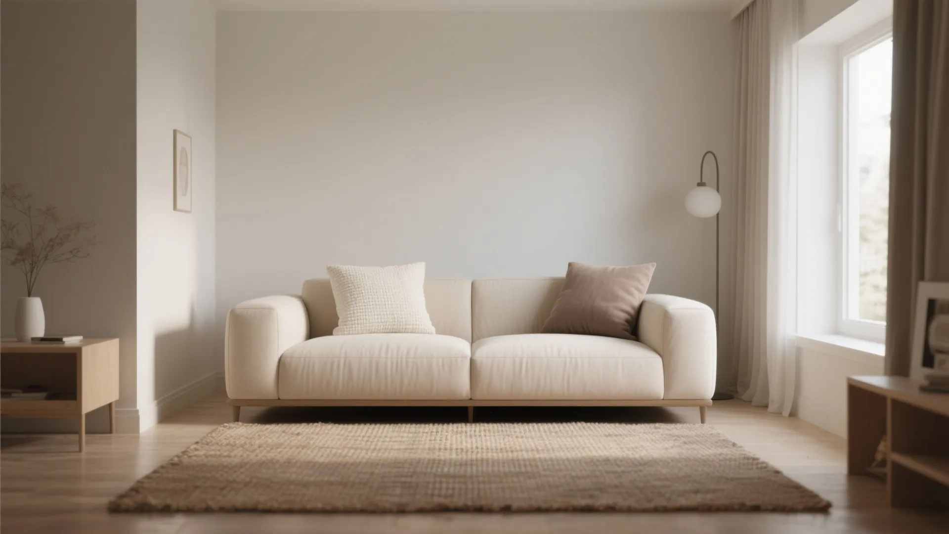 1. Minimalist Beige Sofa with Textured Cushions