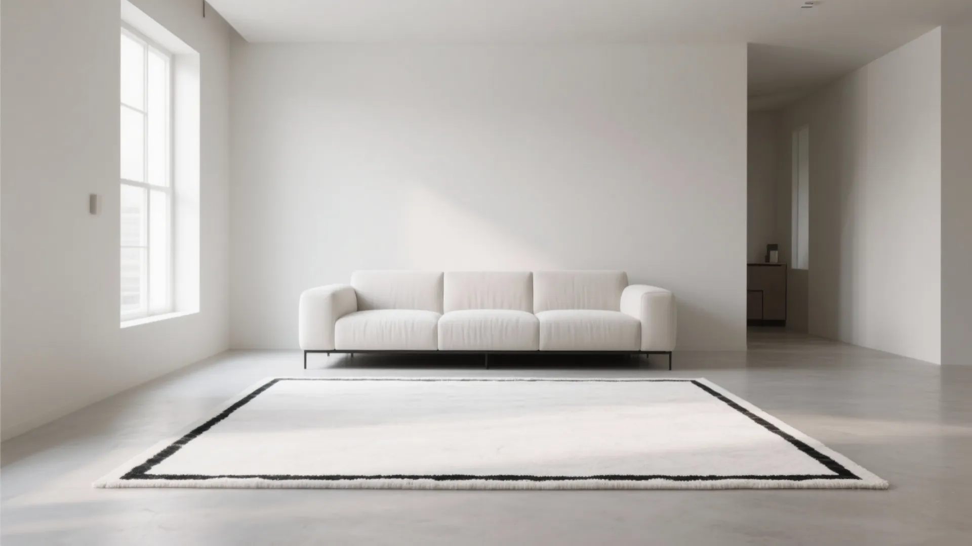 Minimalist white living room with a white sofa and large rug with thin black borders