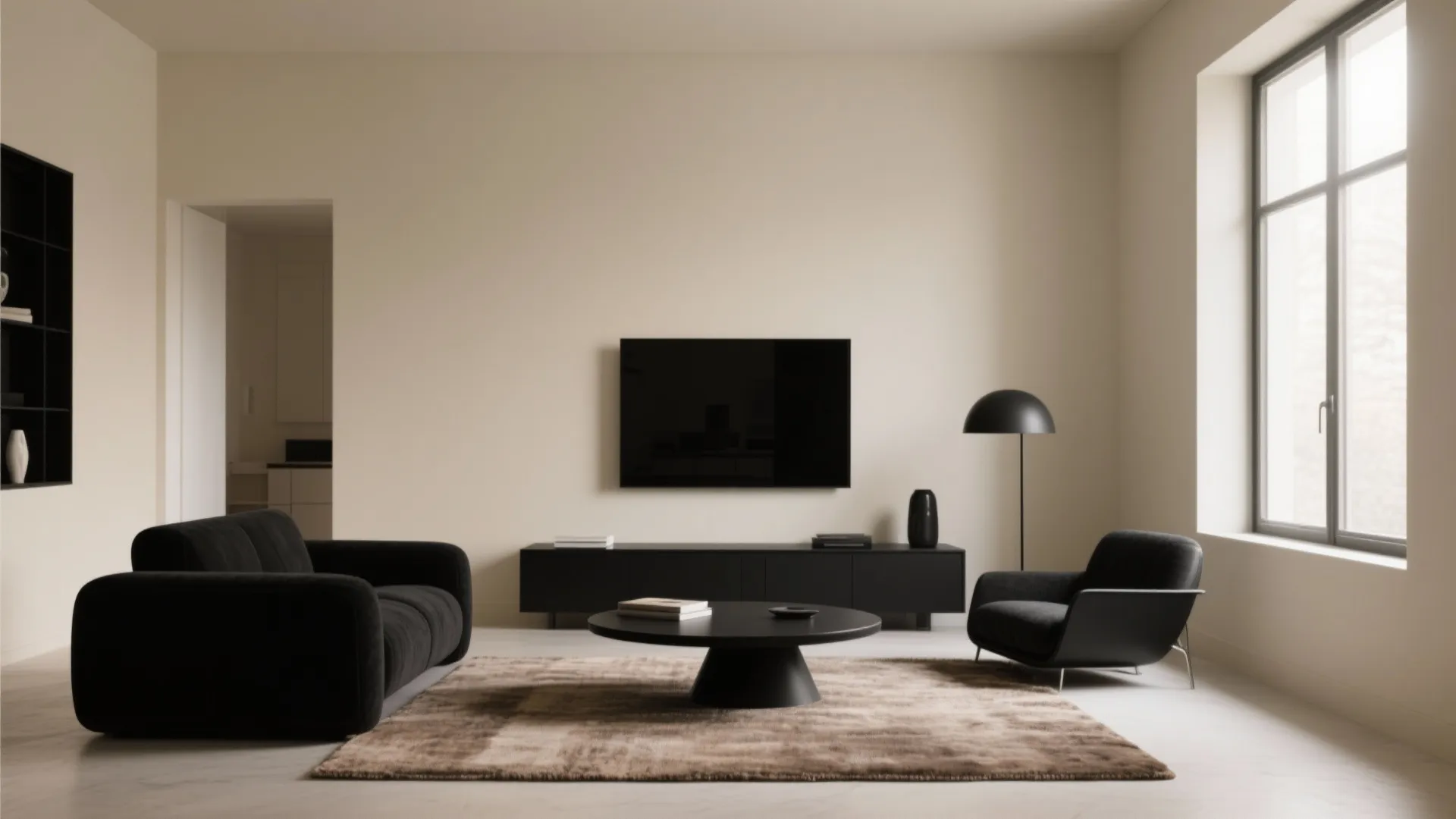 Minimalist black and cream living room with clean lines