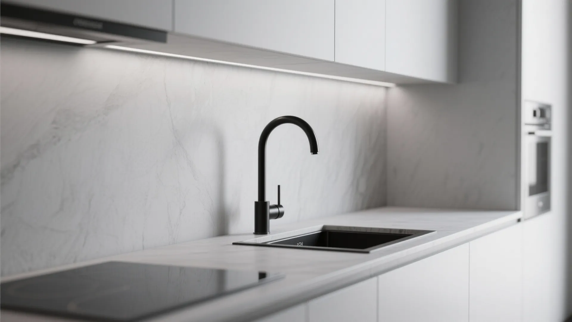 Minimalist white kitchen featuring a matte black water tap stone backsplash and clean modern cabinets