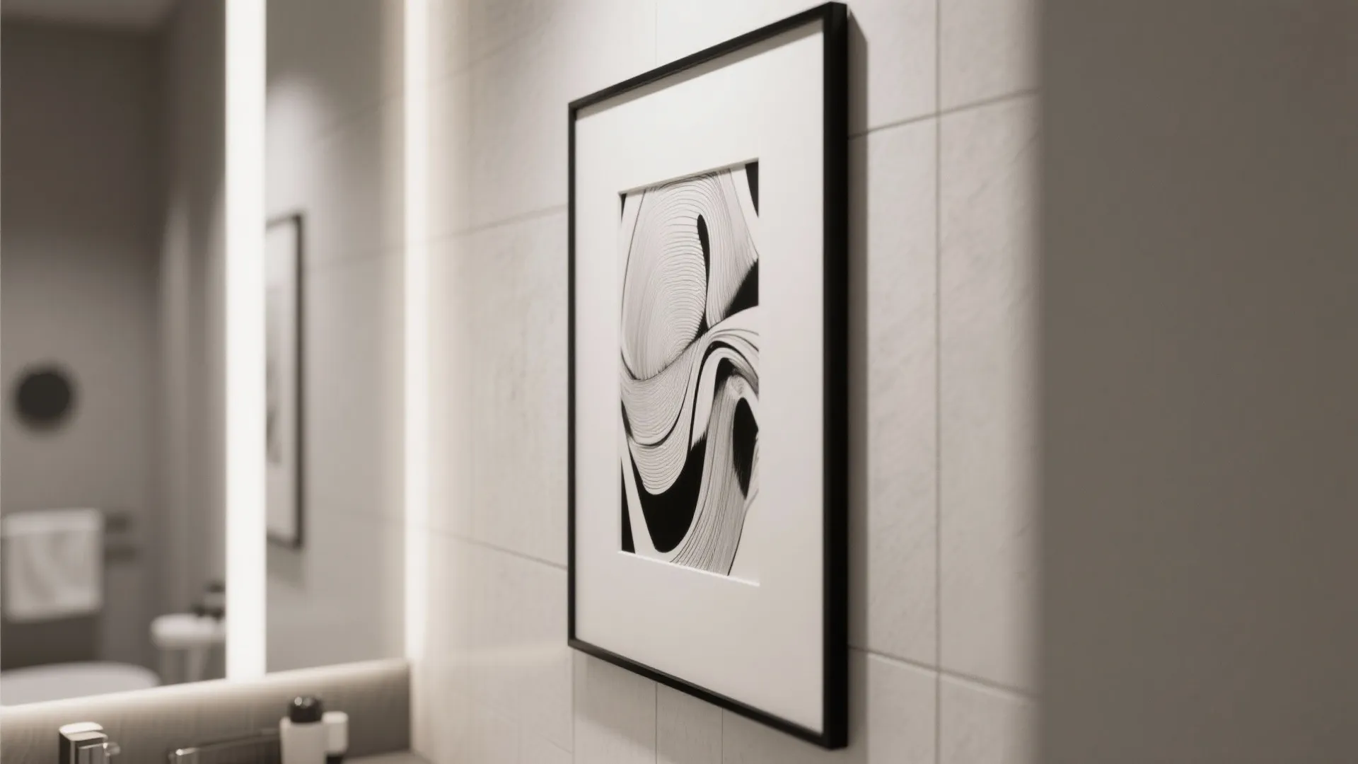 Close up of a black picture frame hanging on a light colored tiled bathroom wall