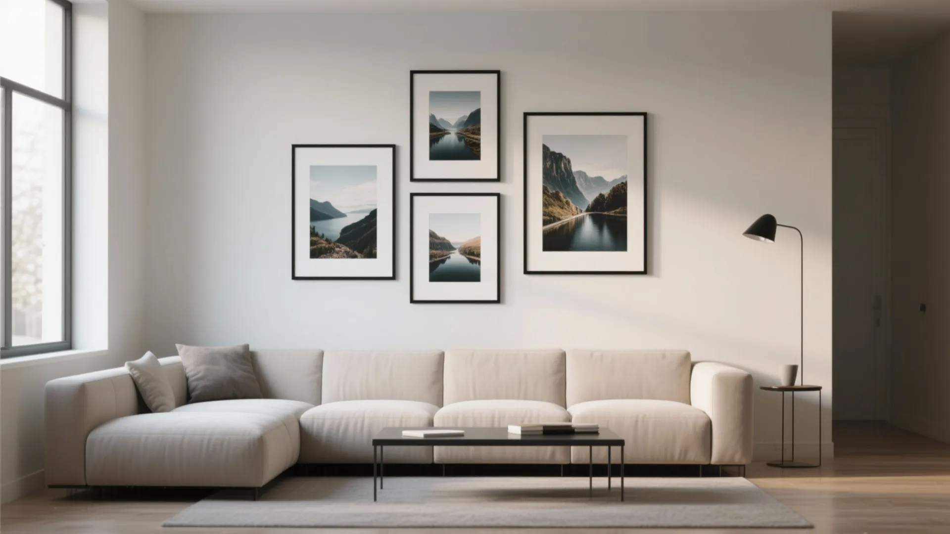Modern living room with white sofa black coffee table minimalist art frames and floor lamp