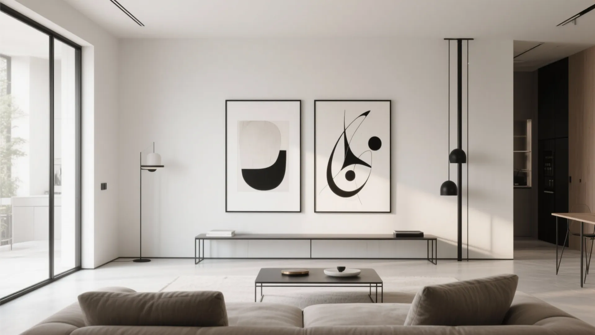 Minimalist living room featuring two black framed art prints, low bench, and comfortable beige sofa
