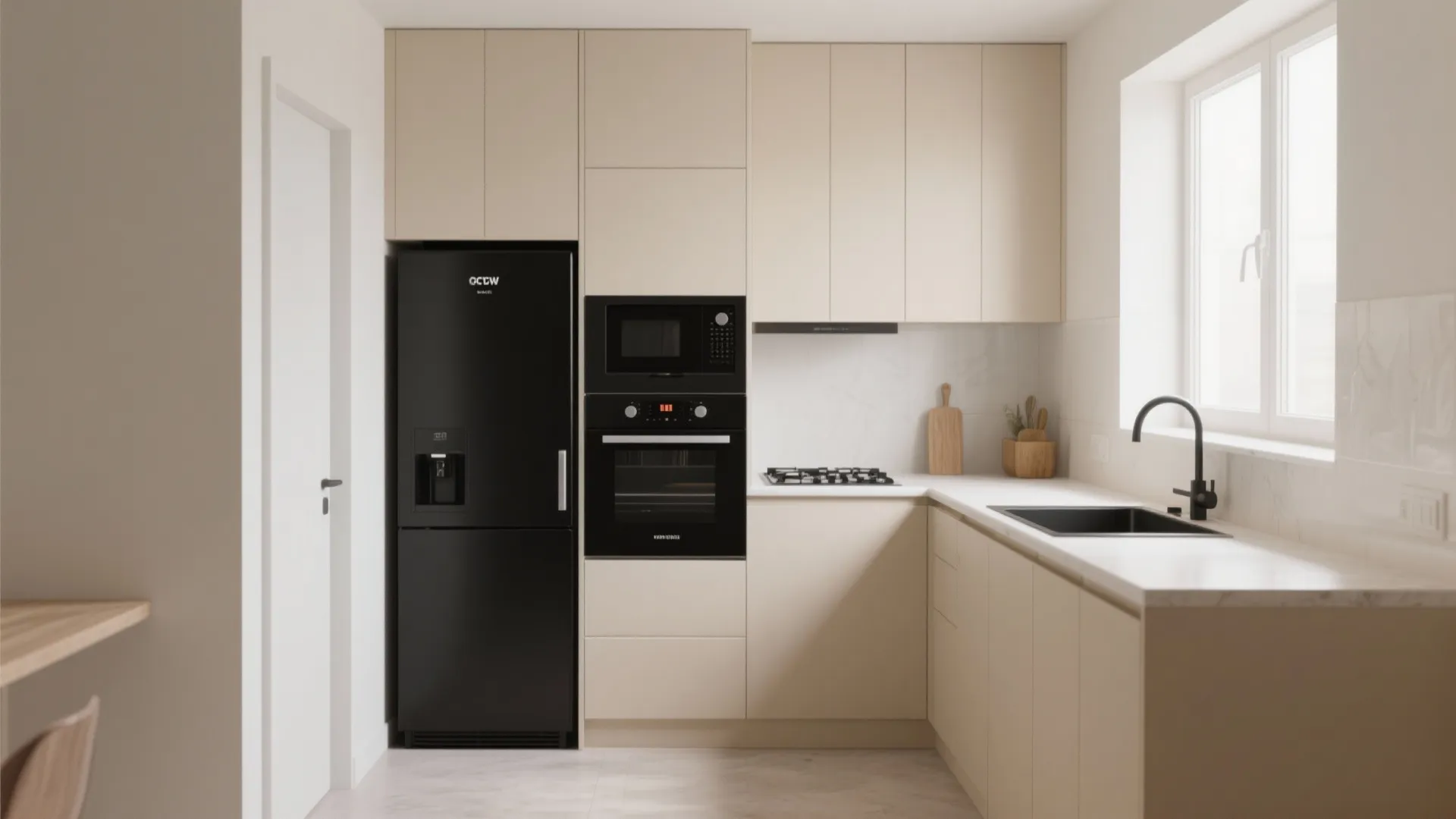 Small modern kitchen with beige cabinets black fridge built in microwave and sink near the window