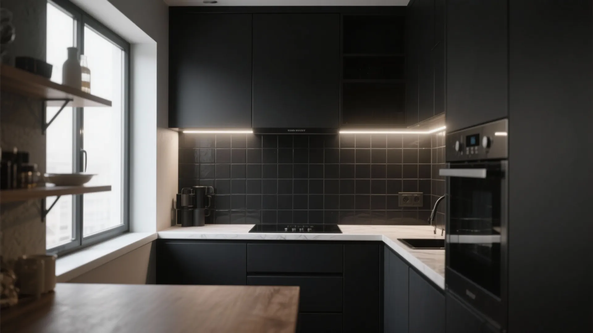 Minimalist black kitchen with dark square wall tiles under cabinet lighting white marble countertops and oven