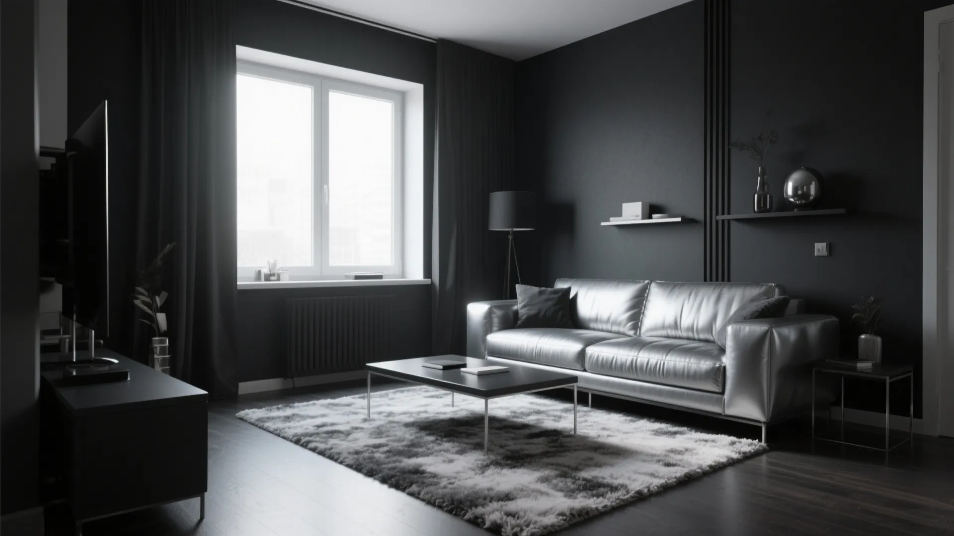 Minimalist living room with silver sofa black walls window with curtain and large grey rug