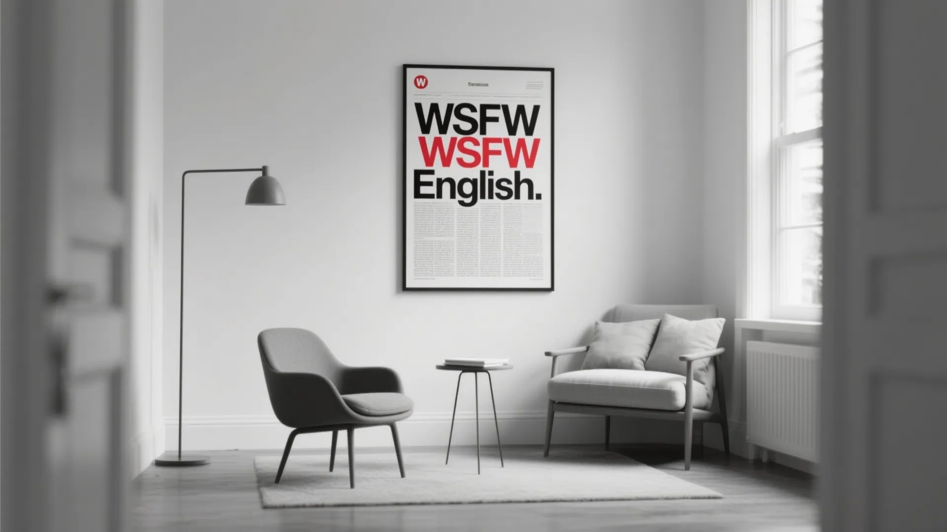 Minimalist living room with grey armchairs black floor lamp wall poster and white window light