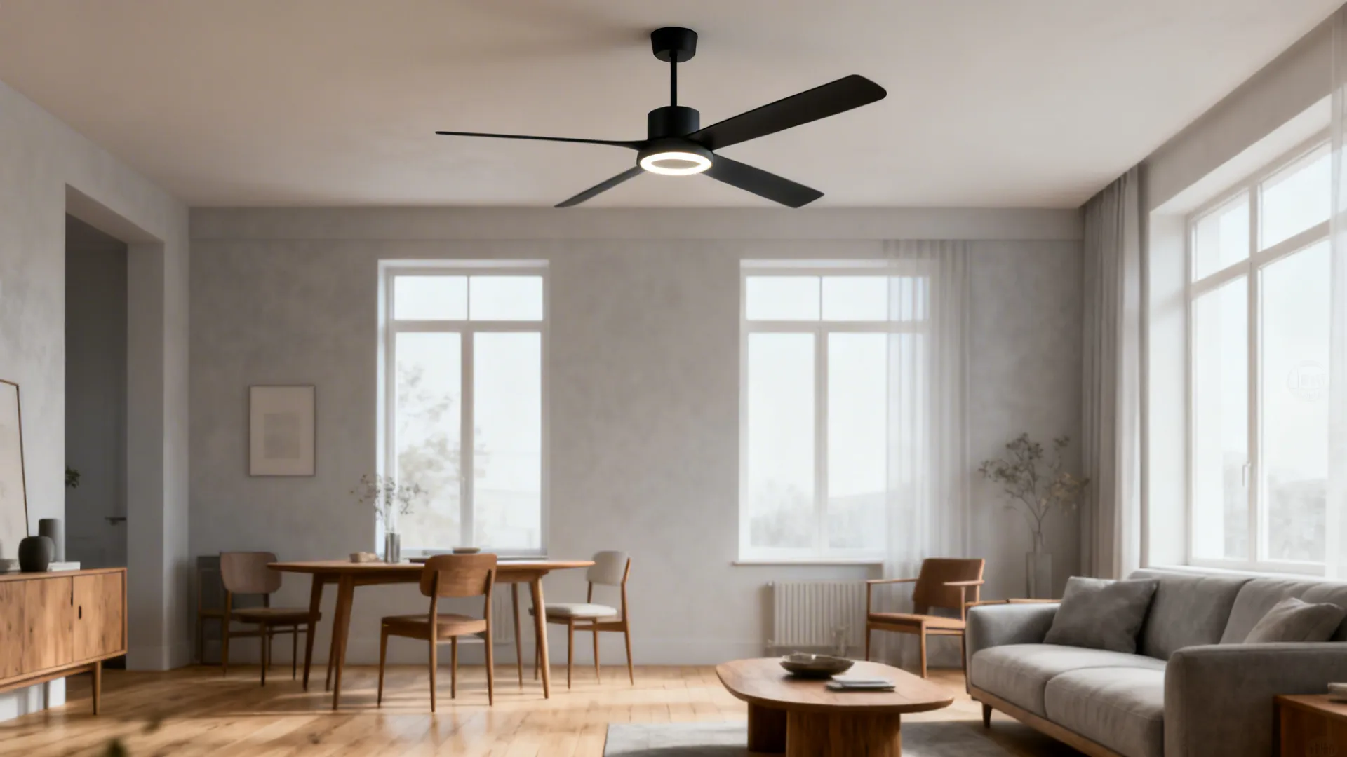 Scandinavian living room with a modern minimalist ceiling fan featuring slim matte blades and integrated light.