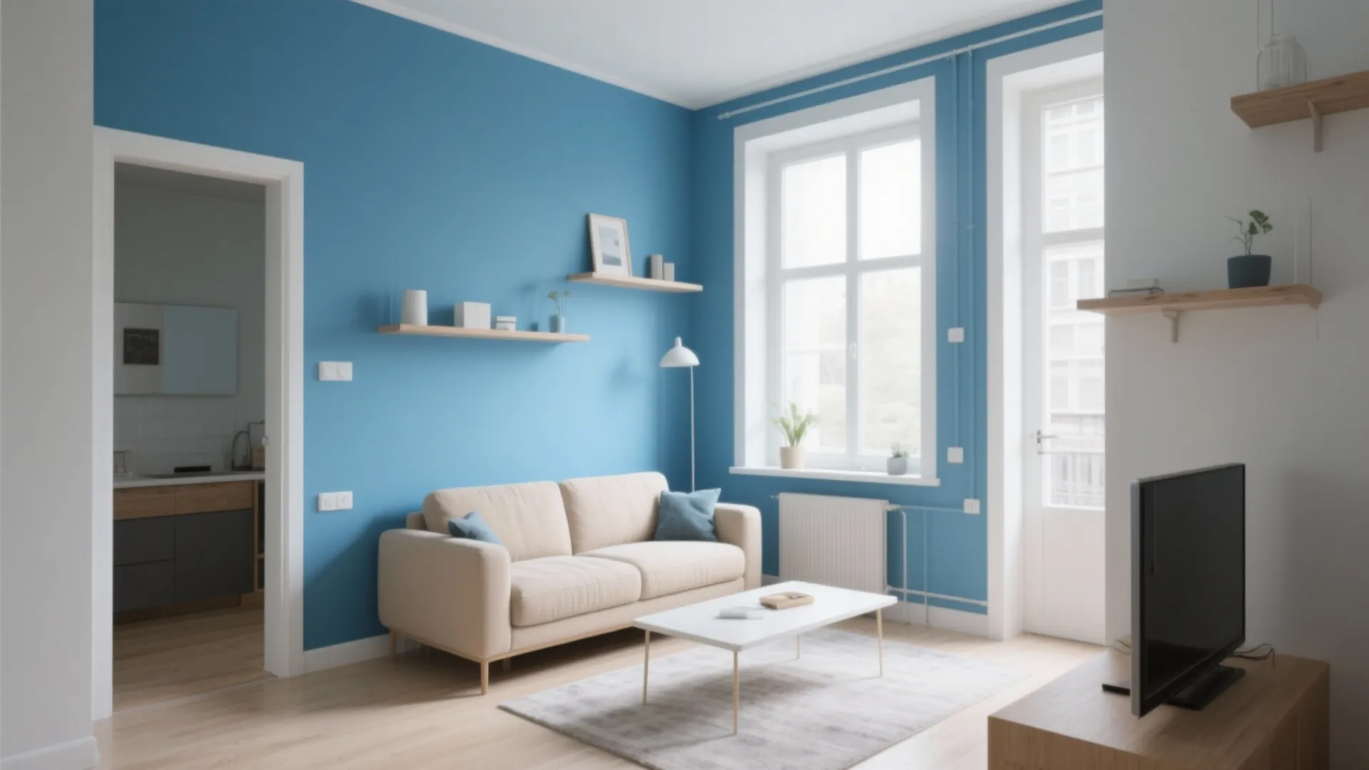 Modern minimalist living room with blue walls beige sofa white coffee table and wooden wall shelves