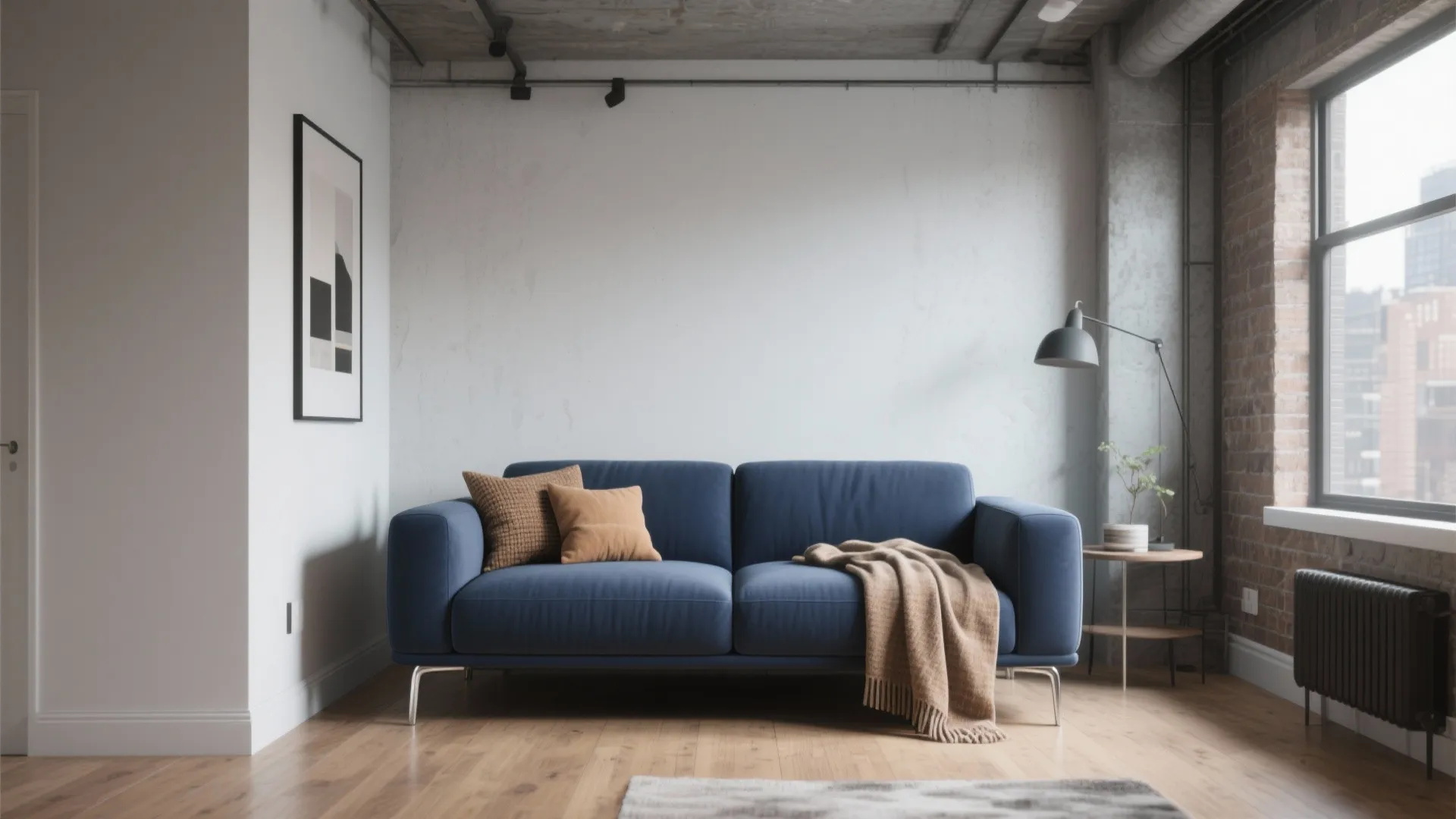1. Minimalist Blue Sofa with Silver Accents