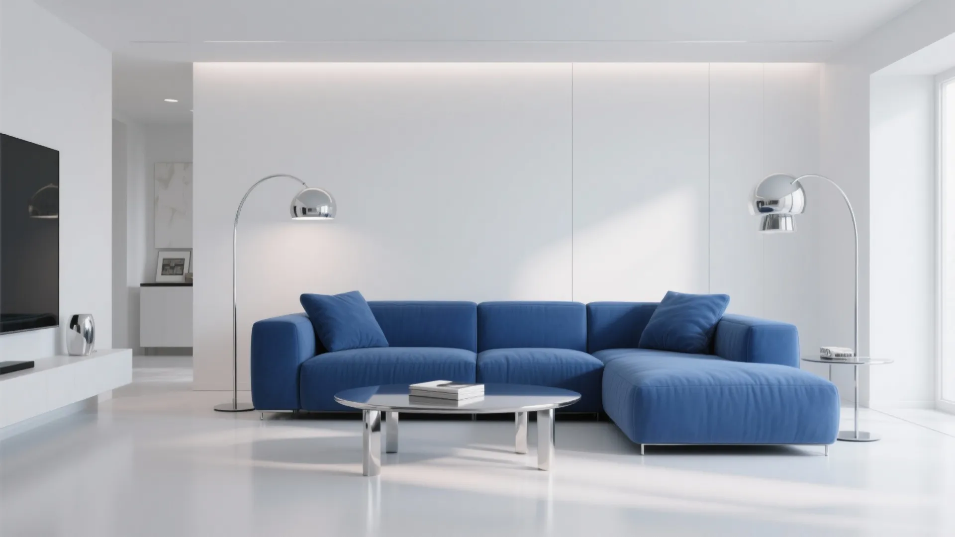 Minimalist white room with large blue sofa silver metal coffee table and two tall floor lamps